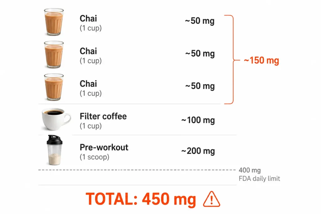 Visual showing caffeine stacking from chai, coffee, and pre-workout exceeding 400 mg daily limit