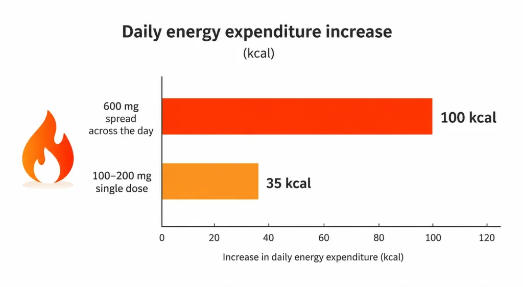 Bar chart showing 100 kcal daily energy expenditure increase from 600 mg caffeine
