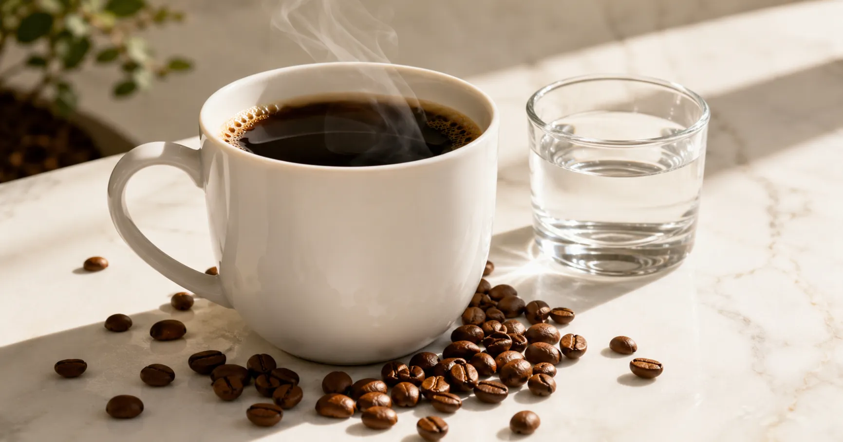 Freshly brewed black coffee in white mug with coffee beans on clean background