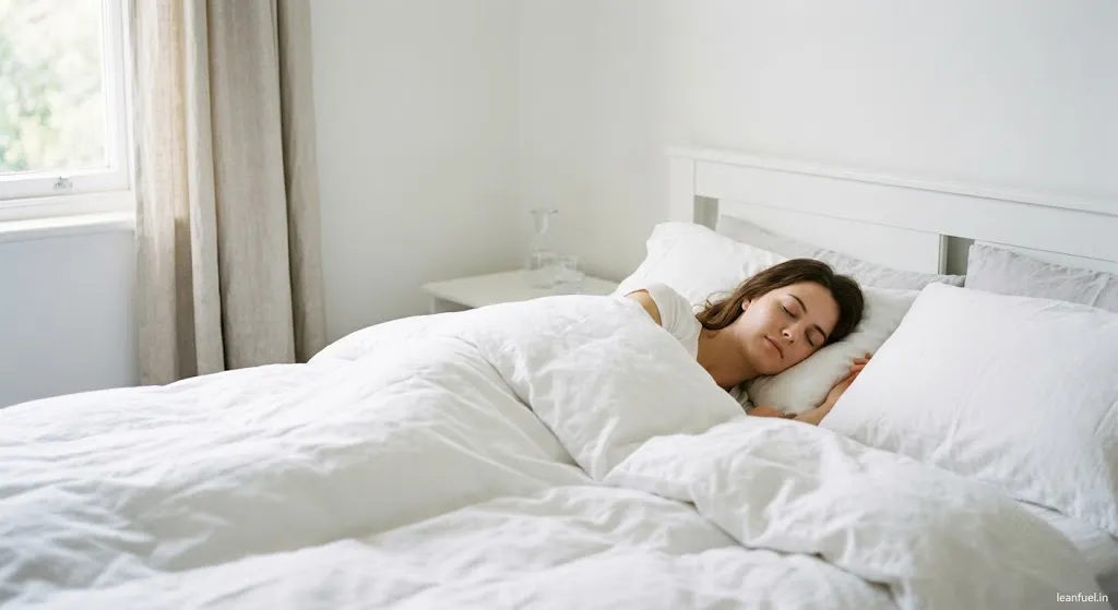 Person sleeping peacefully on white bed with natural morning light
