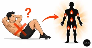 Crunch exercise icon crossed out next to full-body fat burning illustration