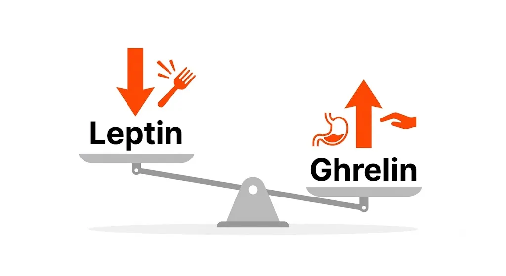 Hormone balance scale showing ghrelin rising and leptin falling during sleep loss