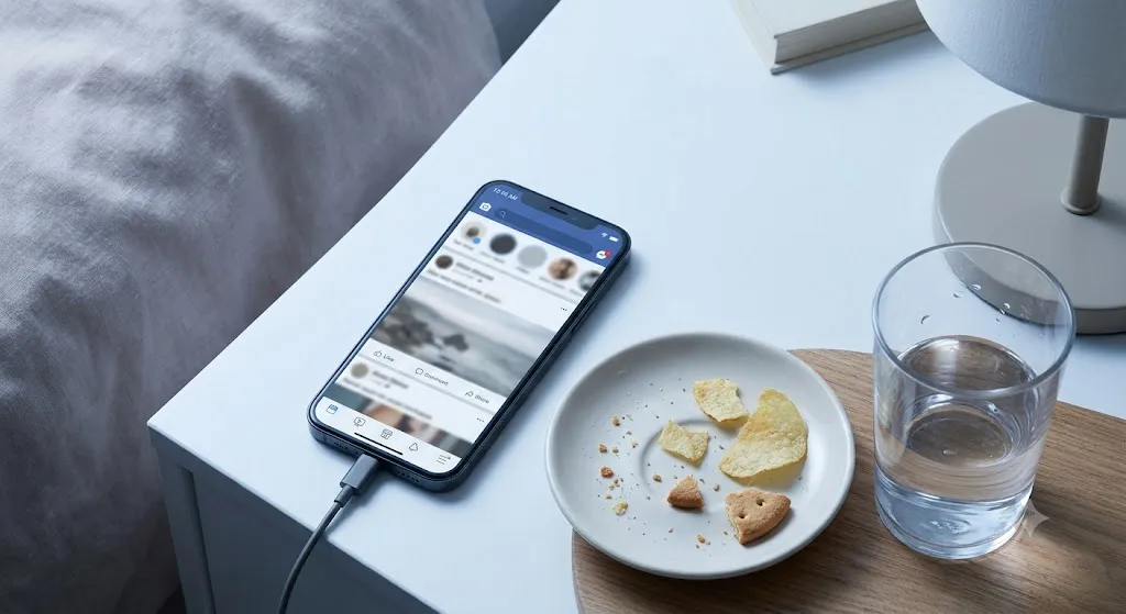 Smartphone on bedside table with late-night snack remnants at 12 30 am