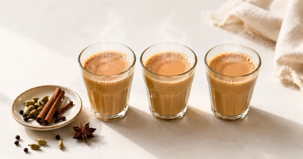 Three cups of masala chai in a row representing daily caffeine intake