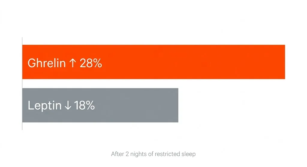 Bar chart showing ghrelin up 28 percent and leptin down 18 percent after sleep restriction