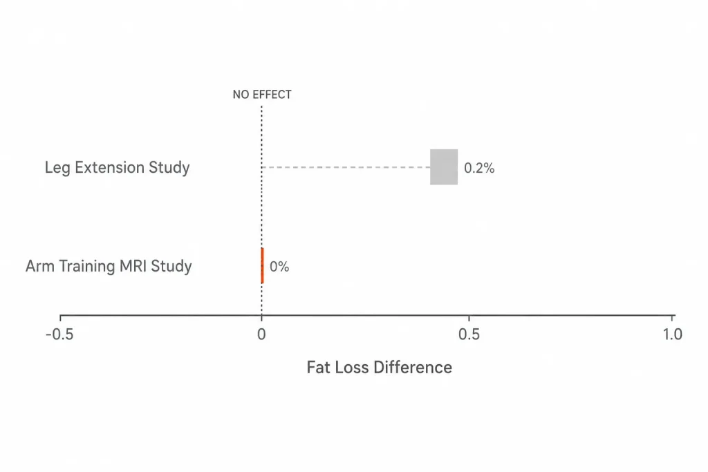 Horizontal bar chart showing near-zero fat loss difference in leg and arm training studies