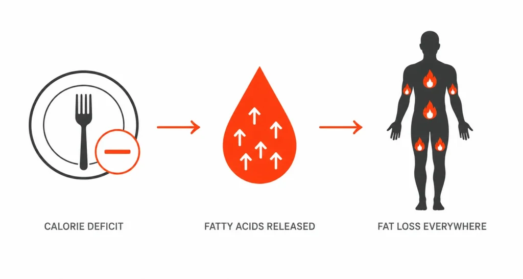 Flow diagram showing calorie deficit releases fatty acids systemically to fuel whole-body fat loss