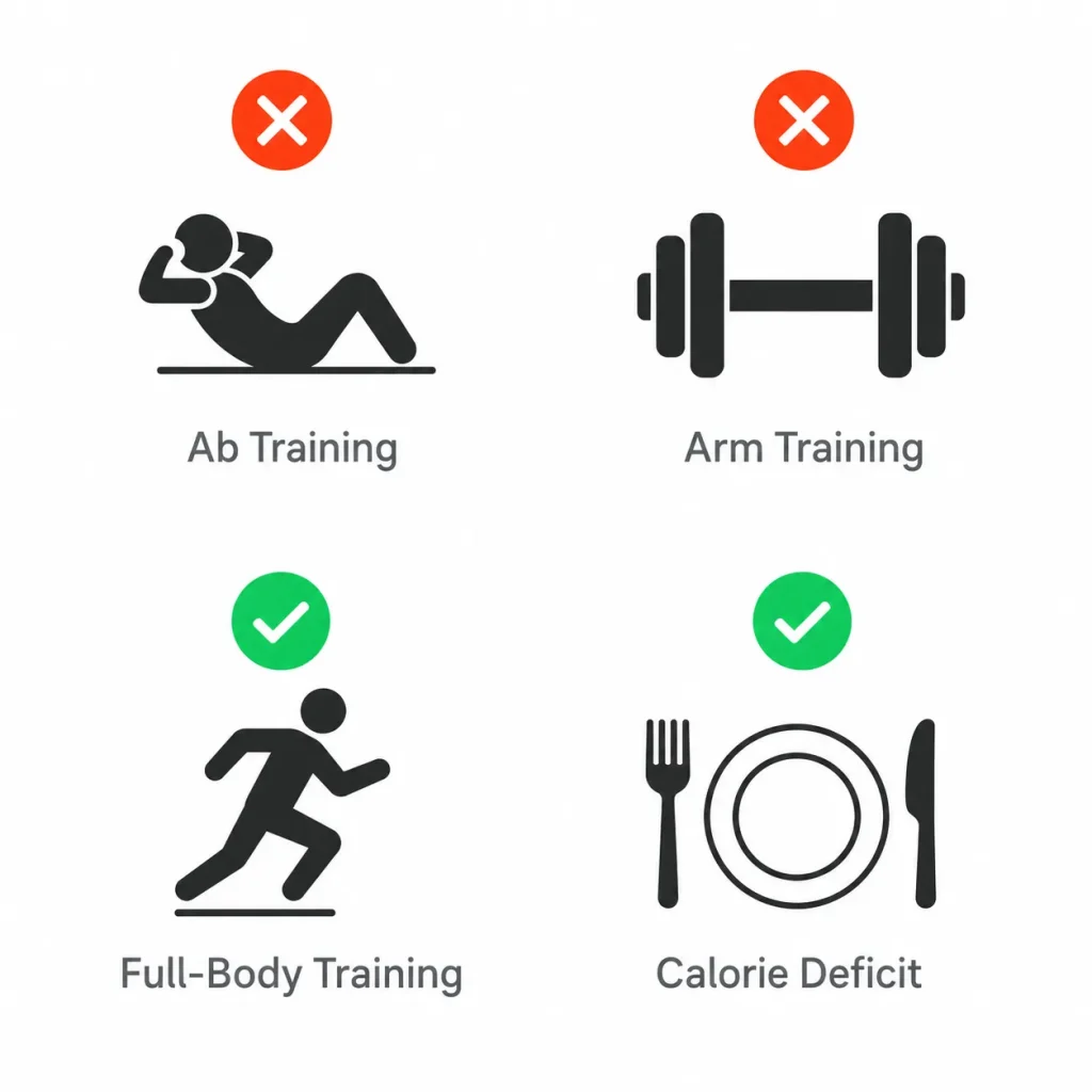 Four icons showing which training methods have evidence for fat loss