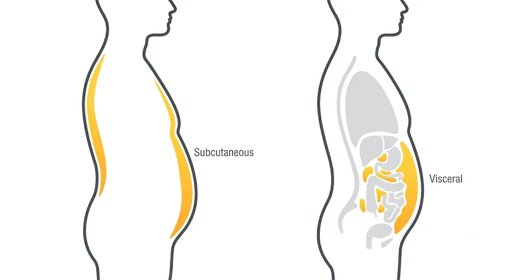Side-by-side torso comparison showing visceral fat around organs and subcutaneous fat under skin