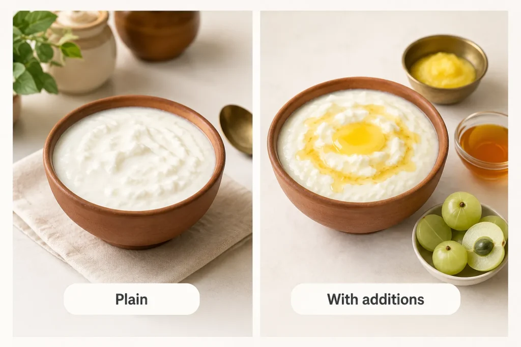 Ayurvedic curd at night shown plain and with traditional additions