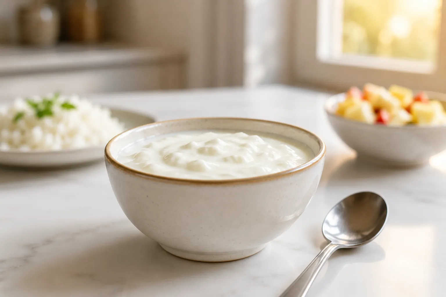 Plain curd served at night in an Indian kitchen setting