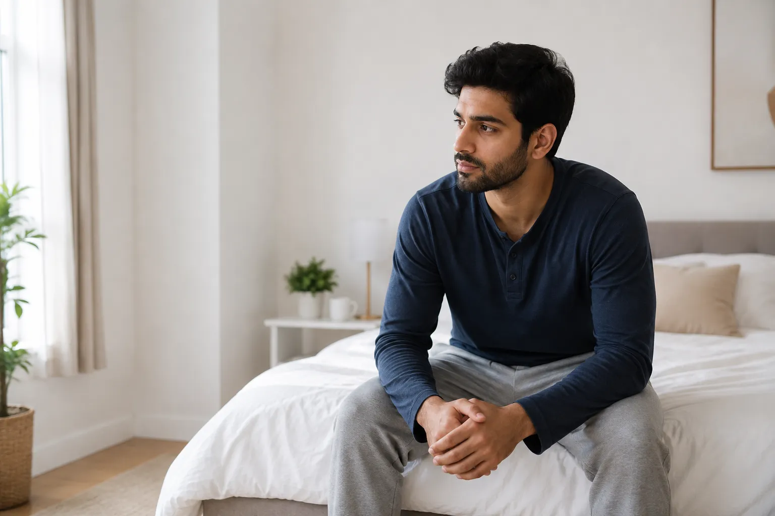 Young Indian man sitting thoughtfully with concerns about low libido