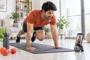 Young Indian adult following online personal trainer for weight loss