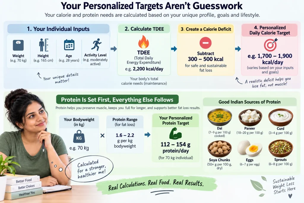How calorie and protein targets are calculated for personalized weight loss